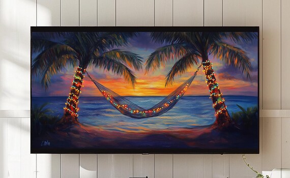 Tropical Sunset Hammock Palm Trees String Lights Beach Paradise Art Poster