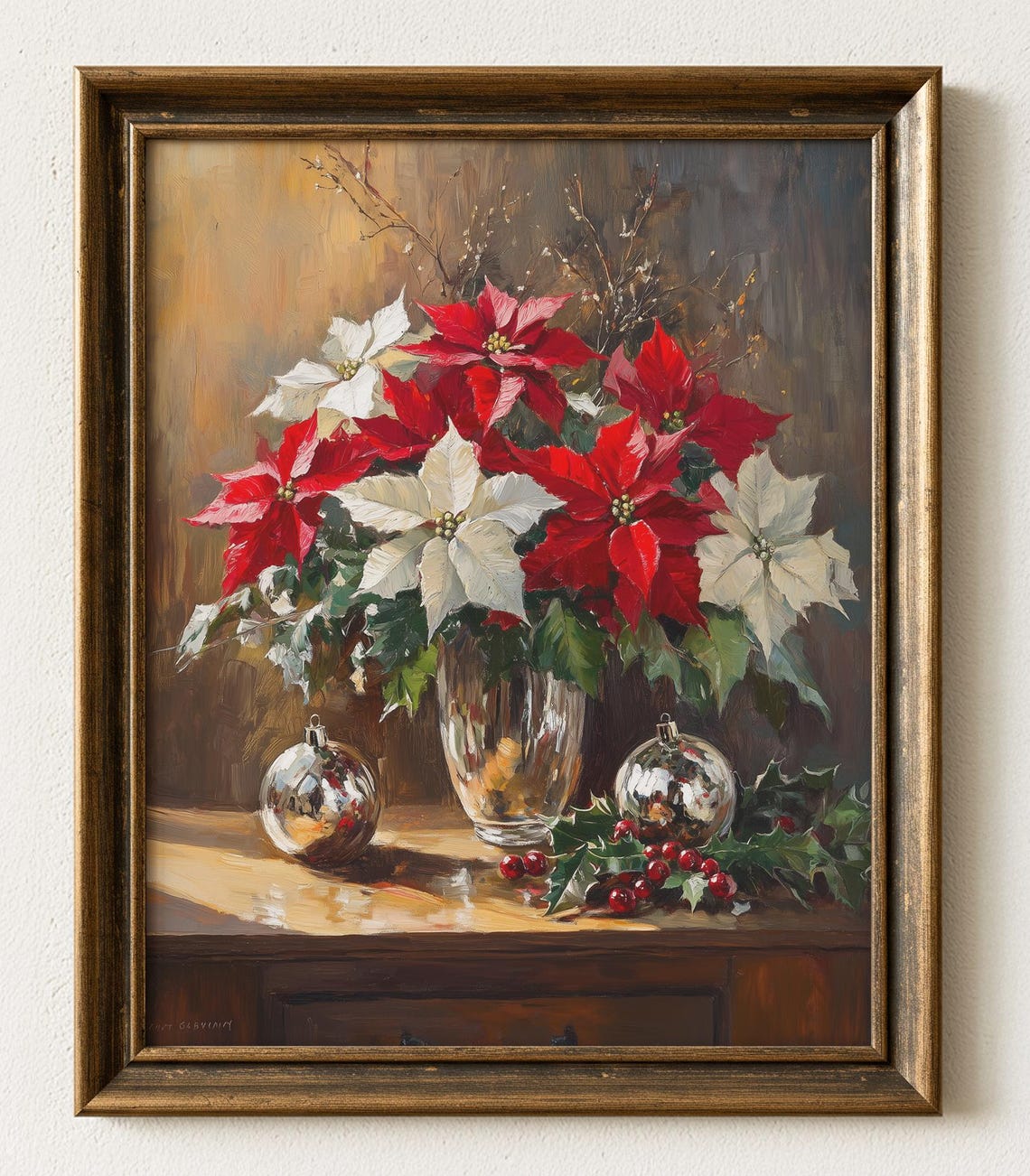 Red White Poinsettia Bouquet Silver Ornaments Holiday Painting Poster
