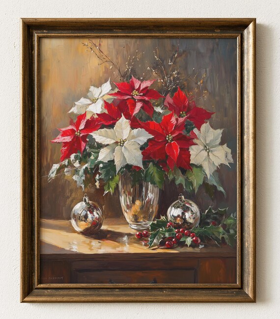 Red White Poinsettia Bouquet Silver Ornaments Holiday Painting Poster