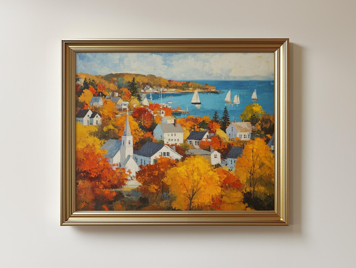 New England Coastal Town Fall Art Print Rustic Cottage Seaside View 448