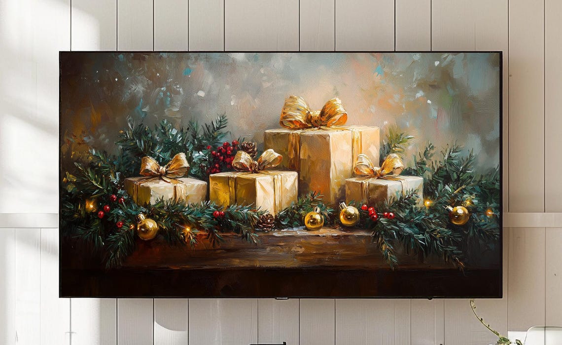Christmas Still Life Frame Tv Art Festive Holiday Painting 755