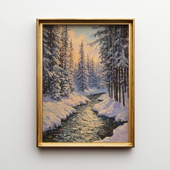 Winter Creek Oil Painting, Snowy Forest Landscape