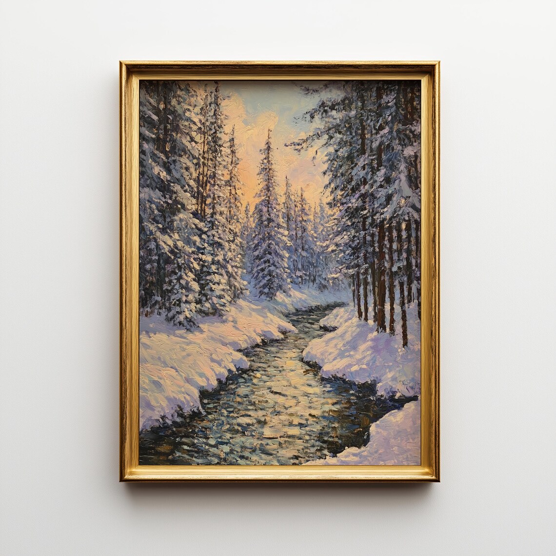 Winter Creek Oil Painting, Snowy Forest Landscape