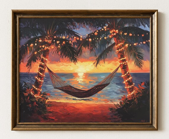 Tropical Sunset With Hammock Beach Scene Art Palm Trees Ocean View Rustic Coastal Decor Summer Wall Print 653