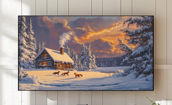 Winter Fox Family Tv Art Rustic Cottage Snowy Landscape 800