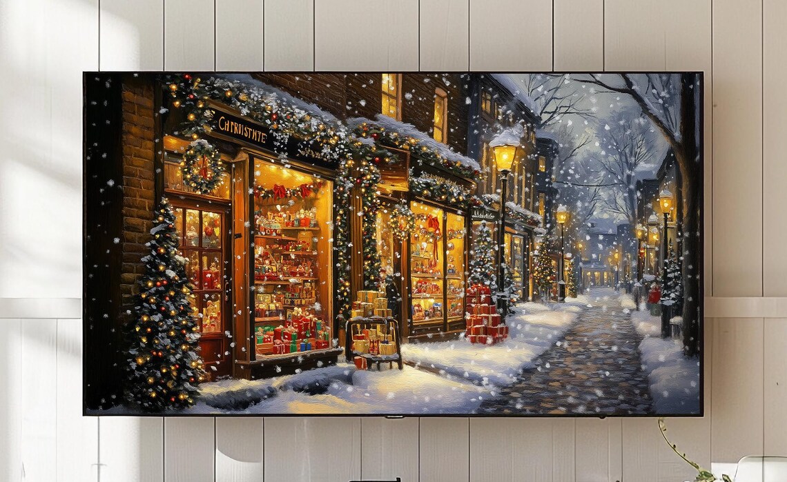 Christmas Storefront Art Print, Snowy Holiday Scene