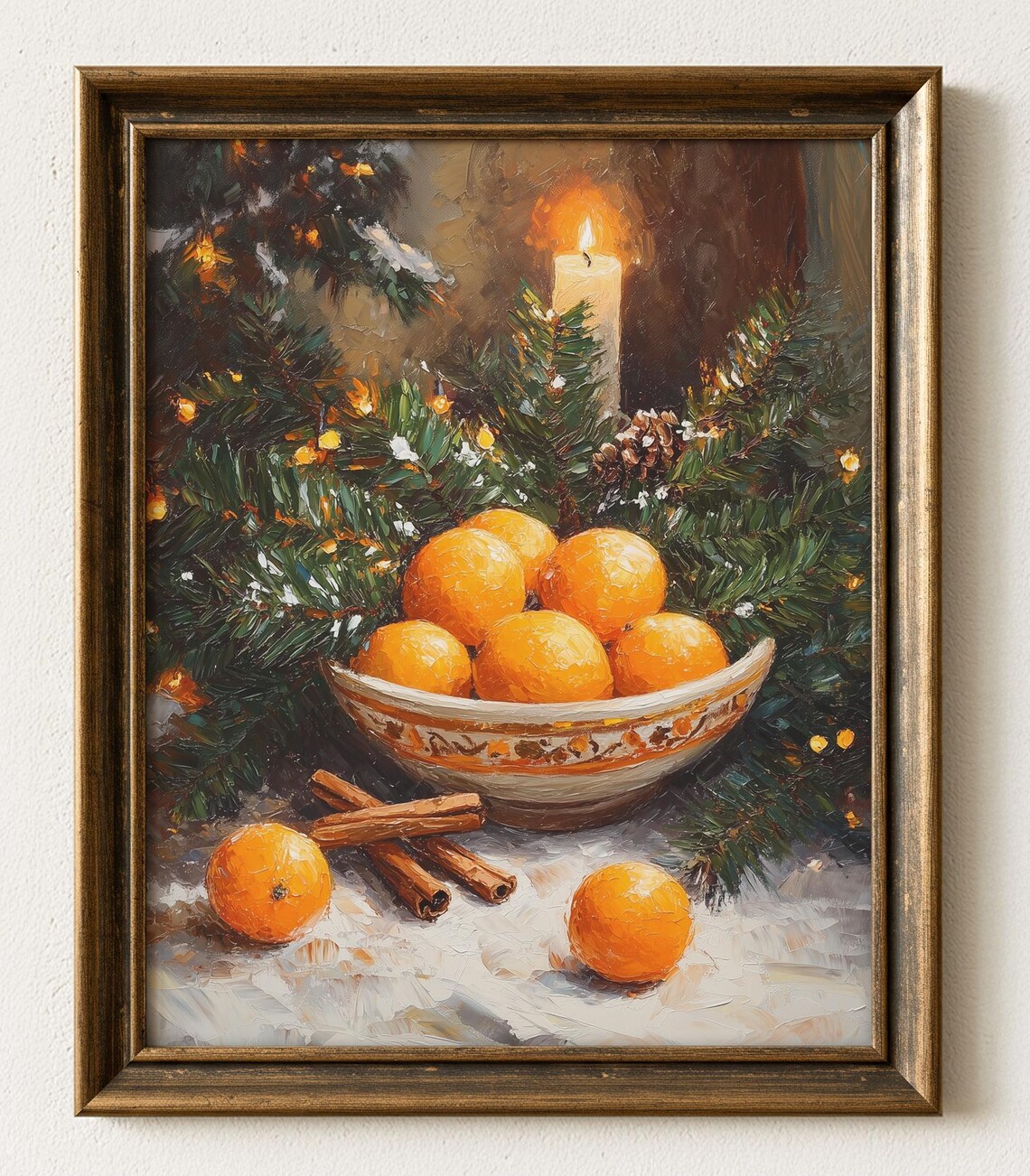 Cozy Christmas Still Life Print Candlelit Oranges Vintage Holiday Decor 662