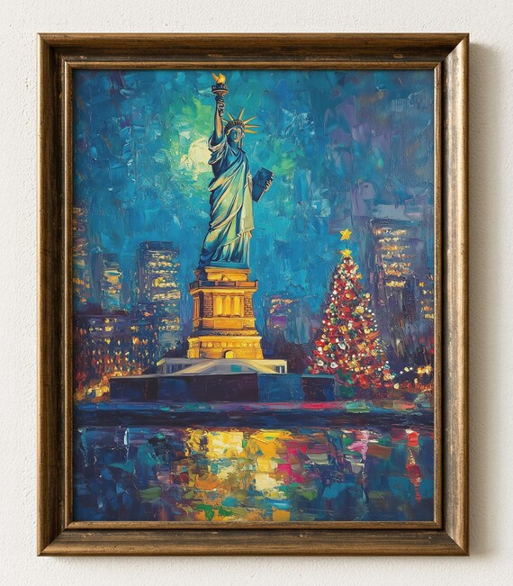 New York Statue of Liberty Christmas Tree Night Oil Painting Poster