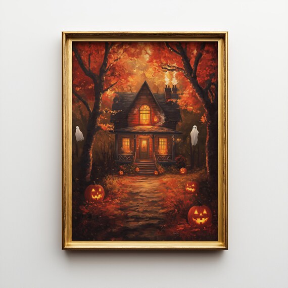 Autumn Cottage At Dusk Print Rustic Halloween Cozy Fall Decor 461