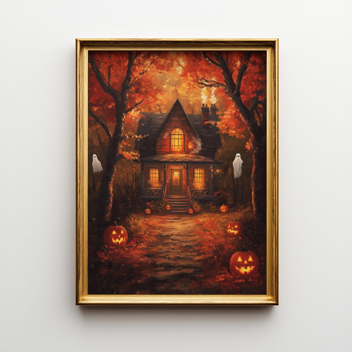 Cozy Haunted Cottage Halloween Ghosts Jack O Lanterns Poster