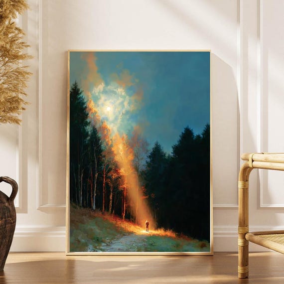 Enchanted Forest Print Sunbeam Landscape Mystical Nature Painting