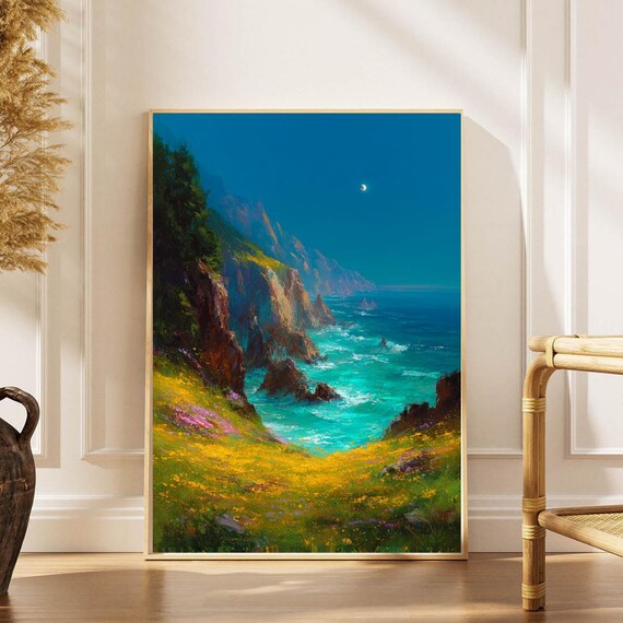 Moonlit Coastal Cliffs Painting Poster Turquoise Cove Wildflower Art
