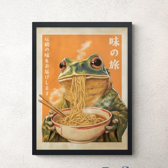 Funny Frog Slurping Ramen Noodles Retro Japanese Kitchen Wall Art Poster