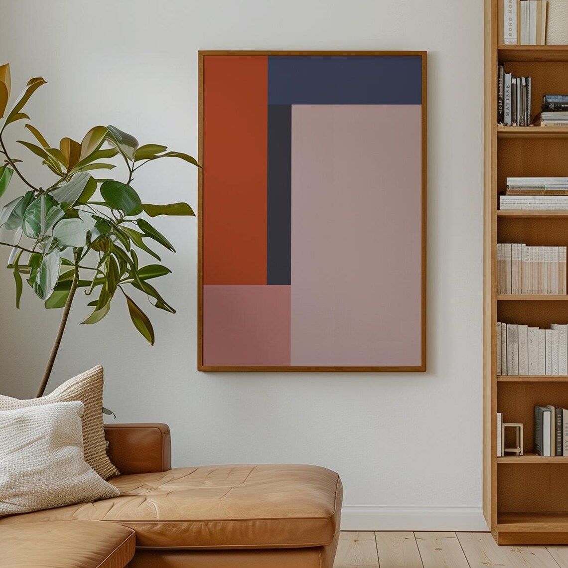 Bold Terracotta Navy Rose Color Block Mid Century Modern Art Poster