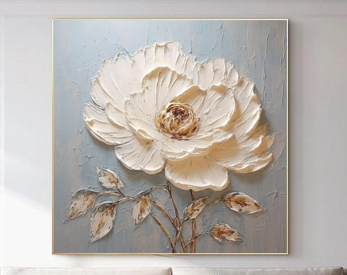 Single White Peony Flower Thick Impasto on Gray Blue Art Poster
