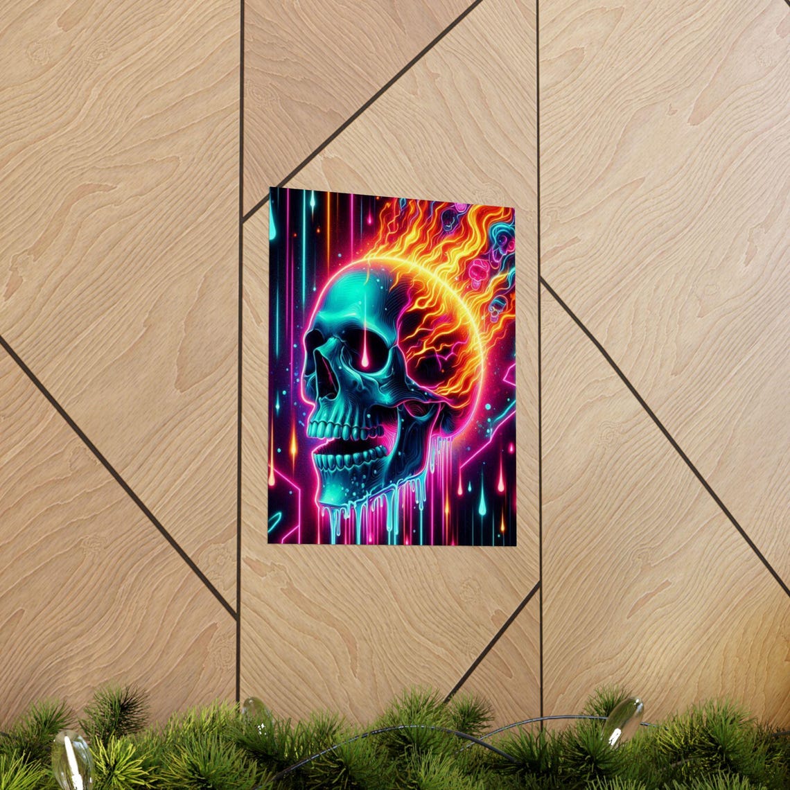 Neon Flaming Skull with Melting Drips on Dark Background Poster - Image 5