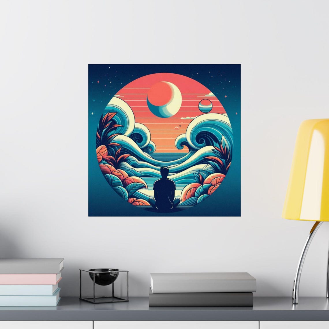Lone Figure Meditating Before Ocean Waves Under a Moon Poster - Image 2