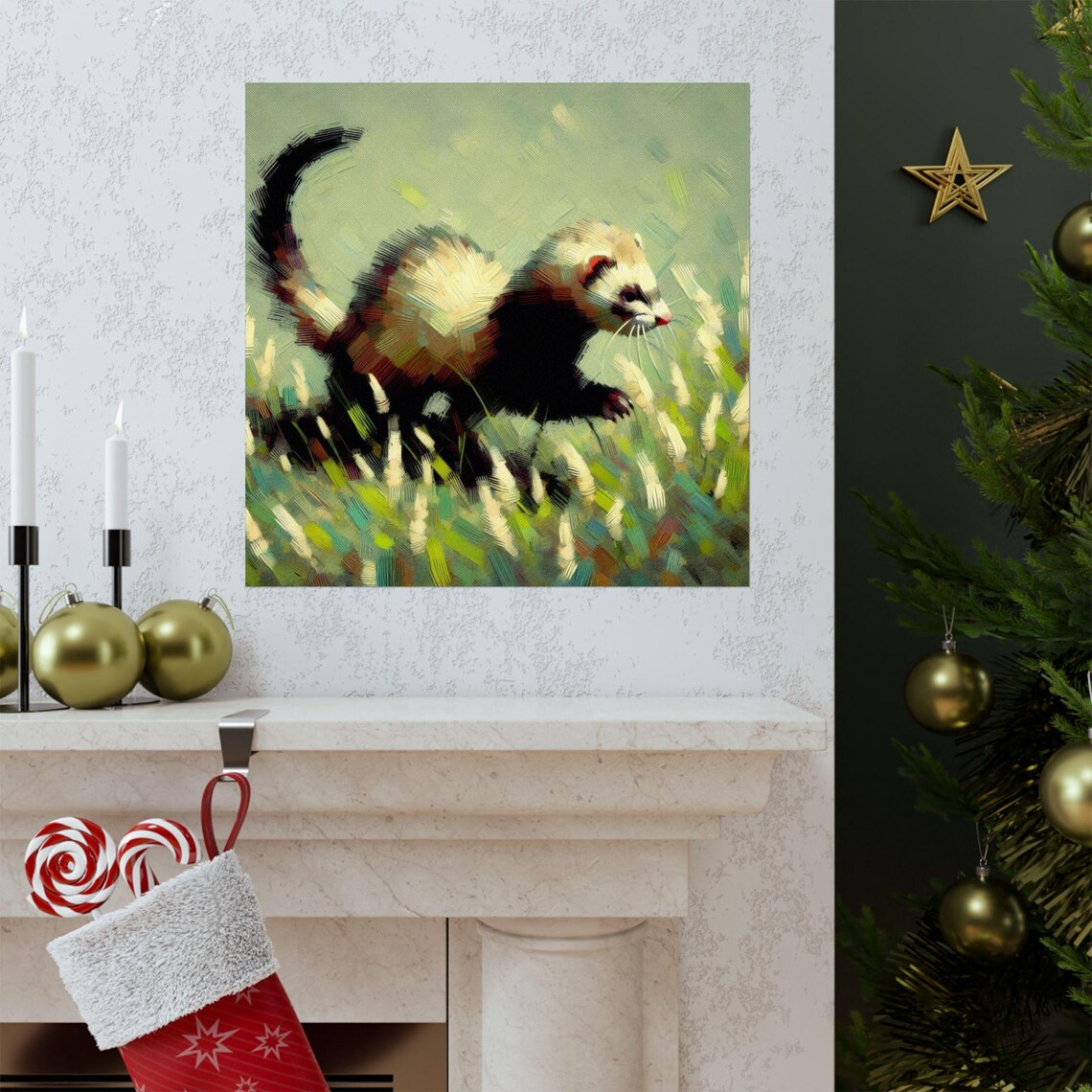 Playful Ferret Running Through Tall Meadow Grass Wildlife Poster - Image 3