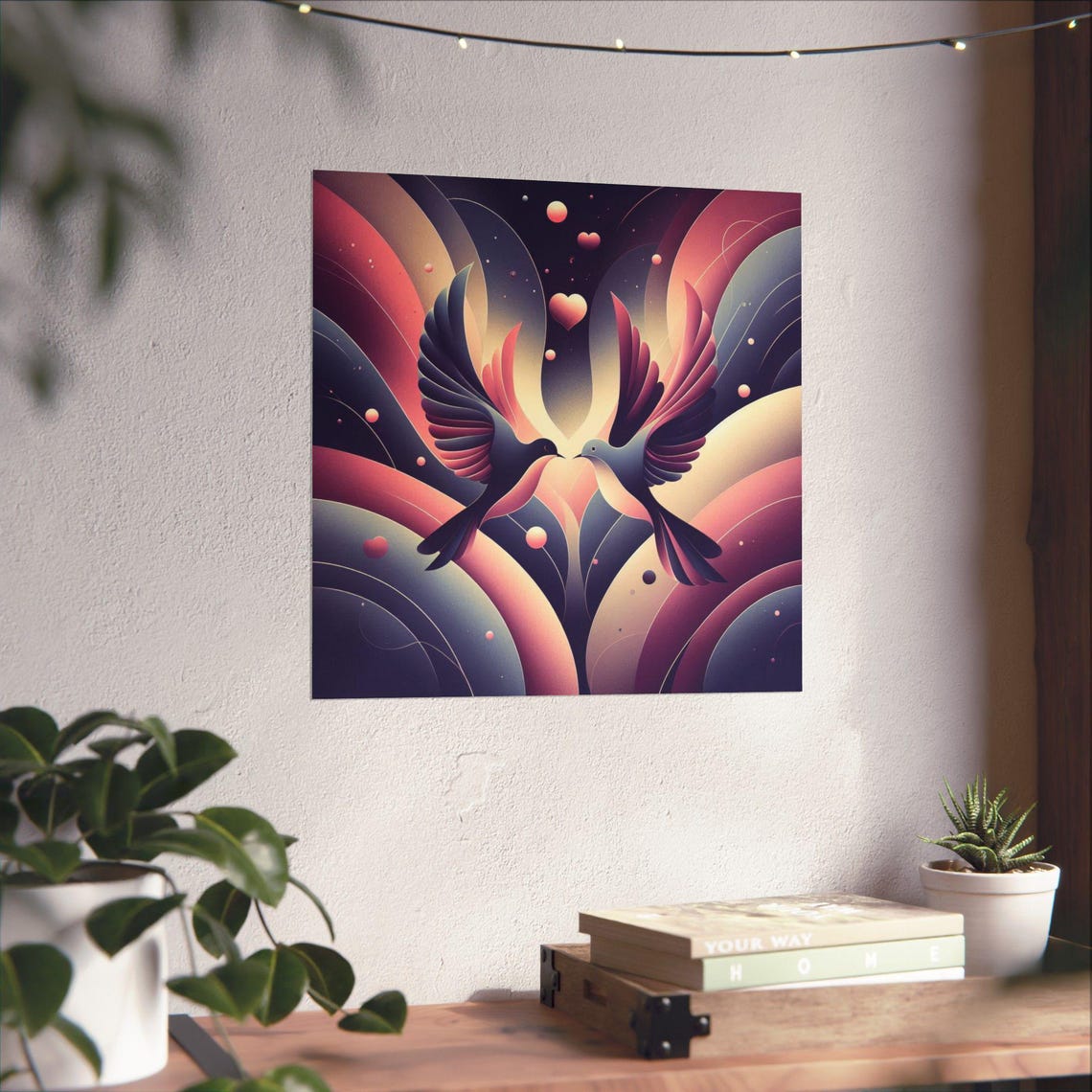 Two Doves with Floating Hearts Gradient Romantic Love Art Poster - Image 4