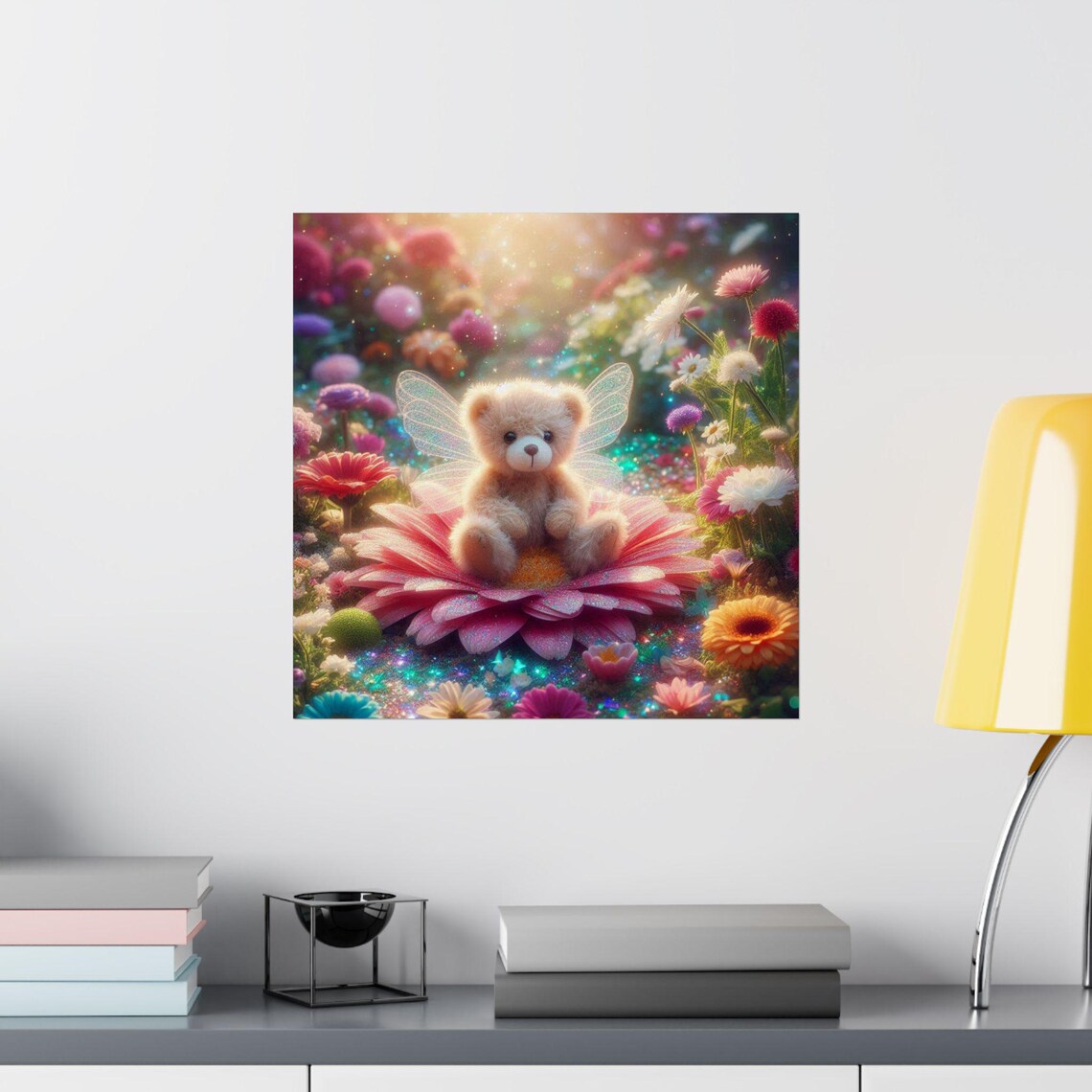 Cute Teddy Bear with Fairy Wings Sitting on a Pink Flower Poster - Image 2