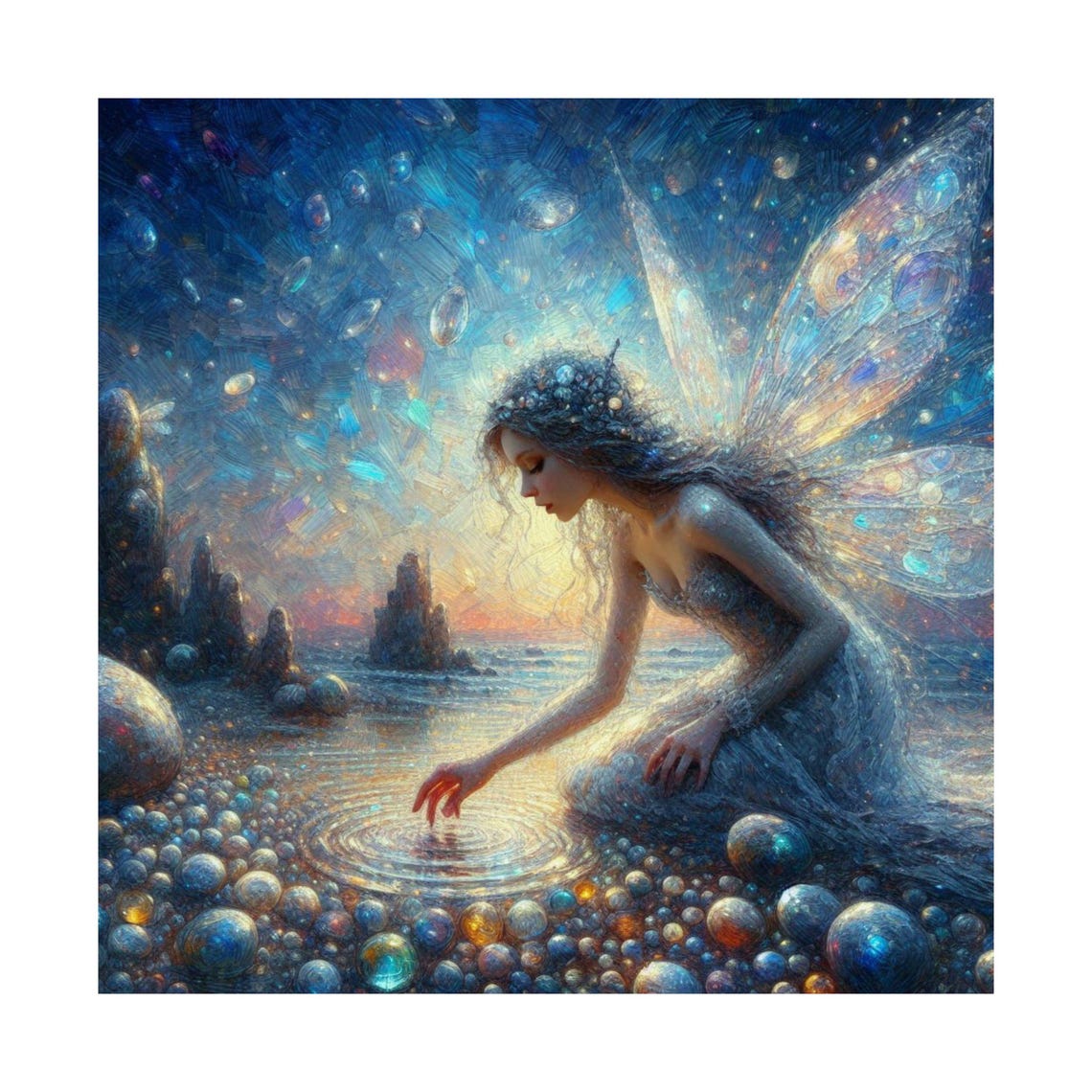 Fairy Touching Water Ripples on Pebble Shore at Dusk Art Poster - Image 7