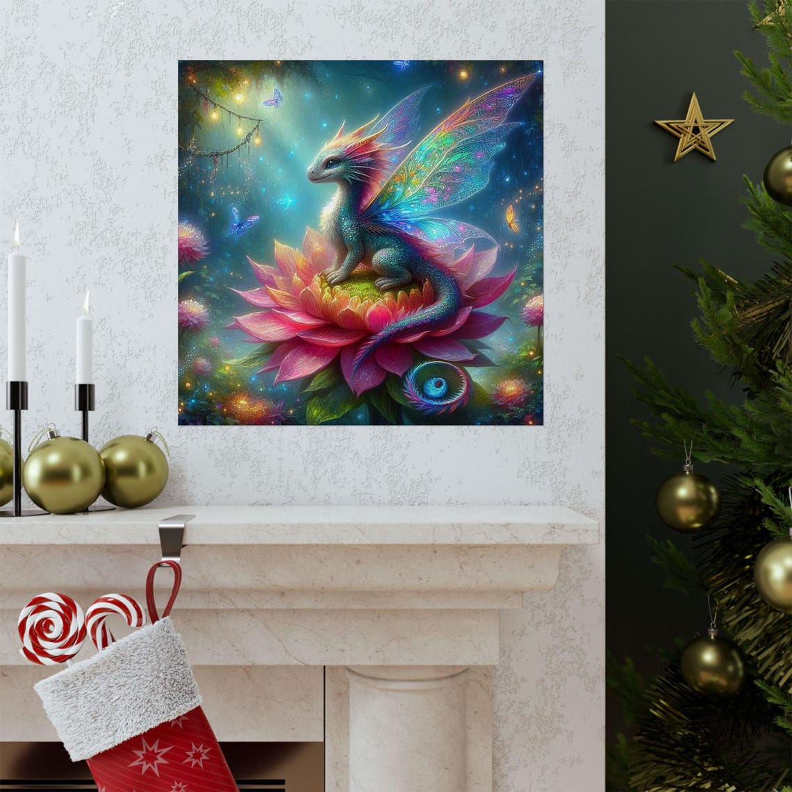 Baby Fairy Dragon Perched on a Pink Lotus Flower Bloom Poster - Image 3