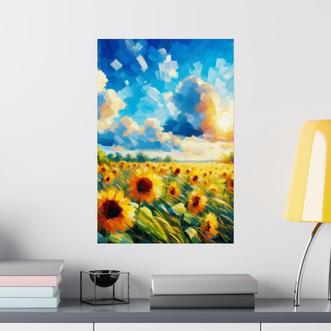 Sunflower Field Under a Bright Blue Sky Impressionist Poster - Image 2