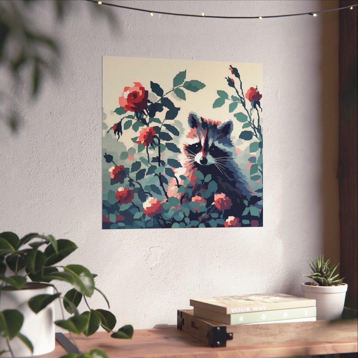 Curious Raccoon Peeking Through Red Rose Blooms Botanical Poster - Image 4