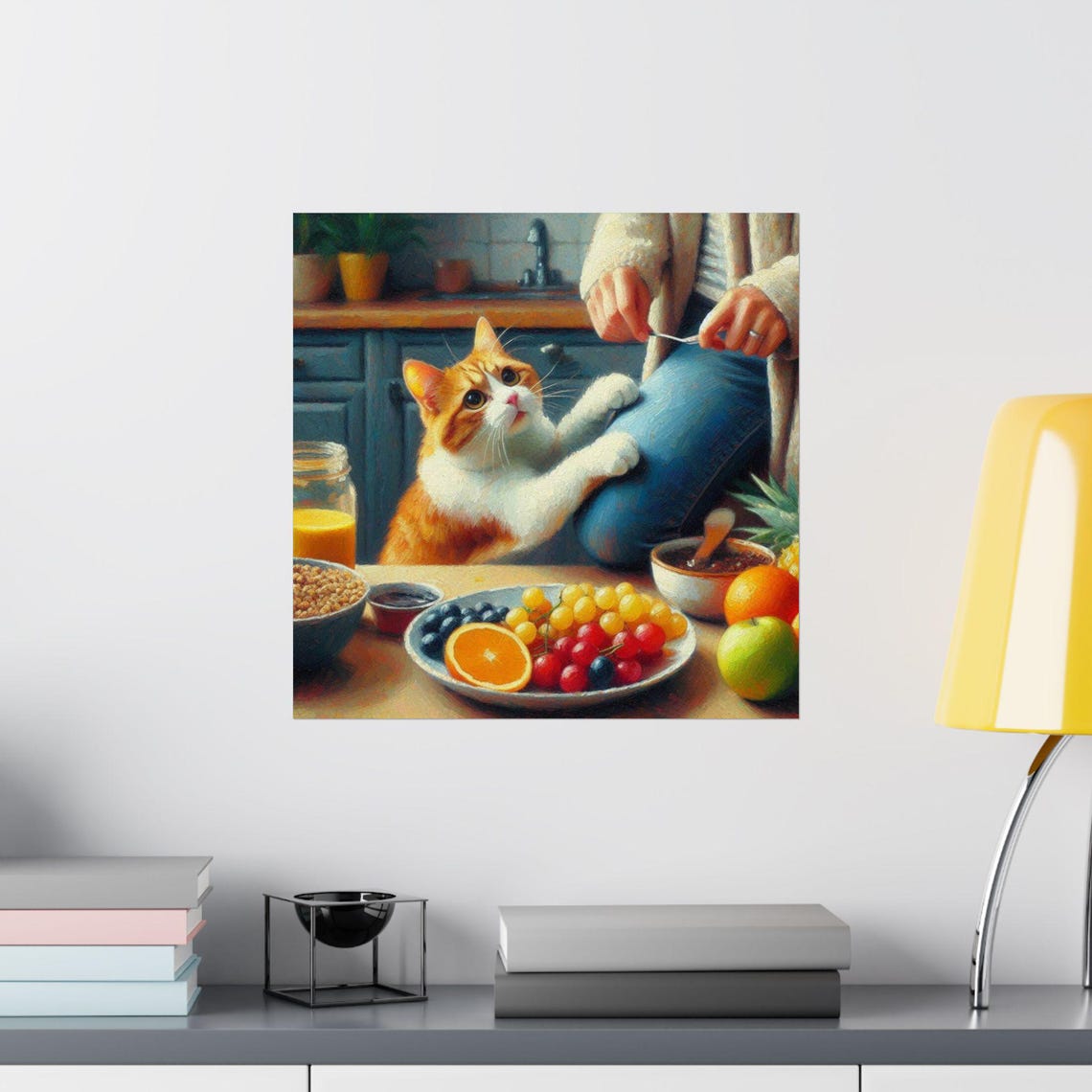 Cute Orange Kitten Begging for Fruit at Breakfast Table Poster - Image 2