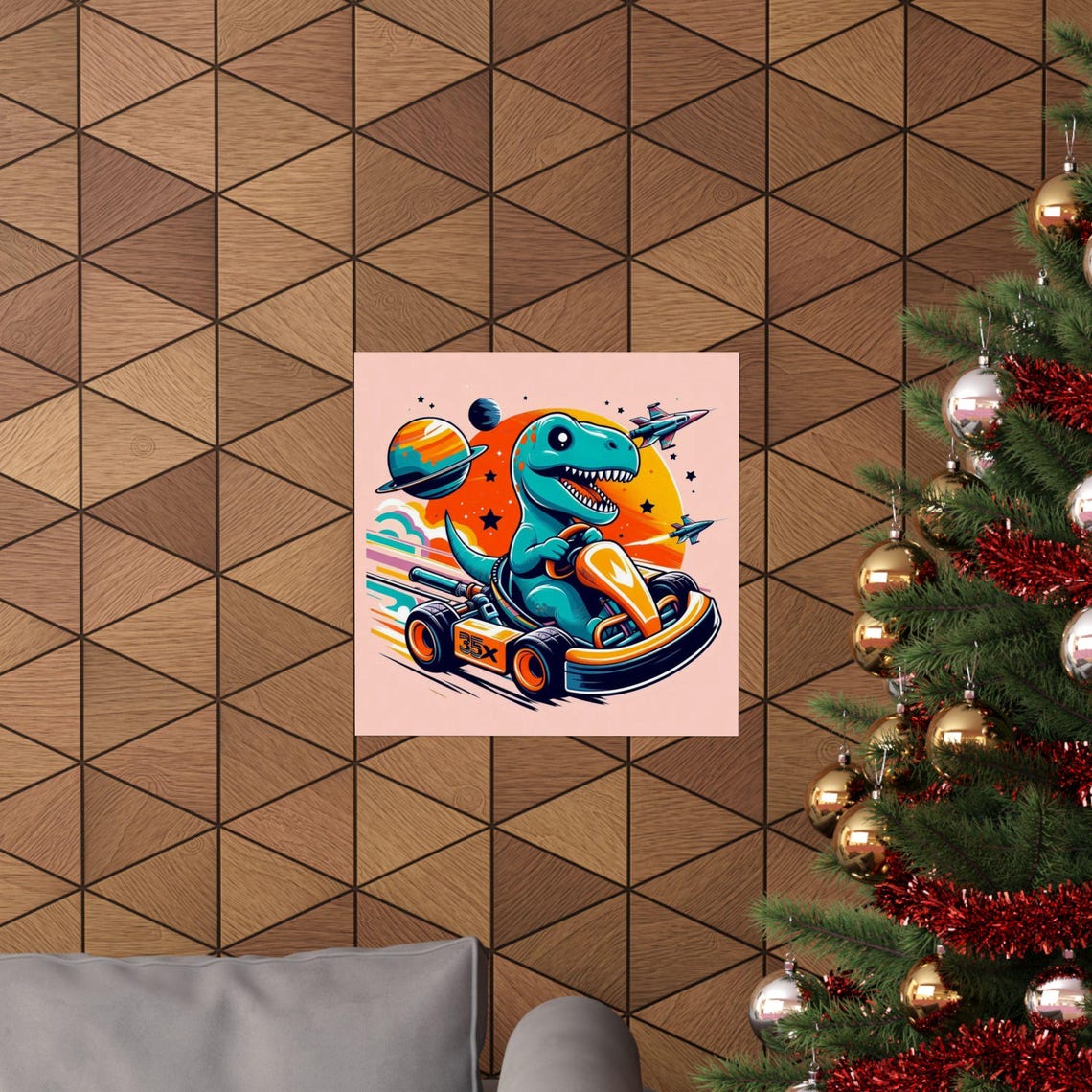 Cheerful Dinosaur Racing a Go Kart Through Outer Space Art Poster - Image 6