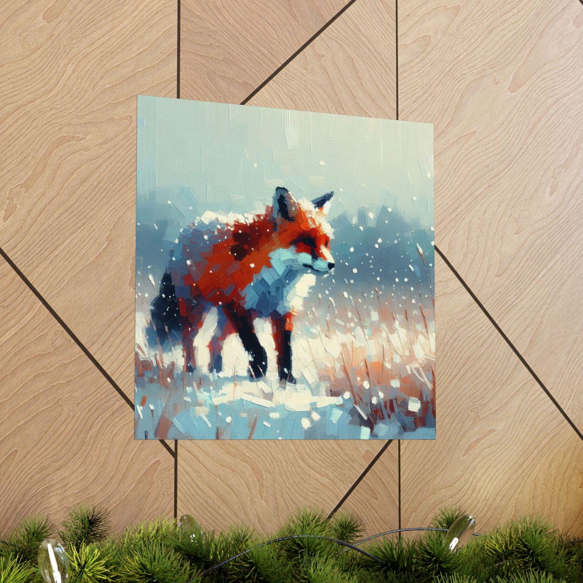 Red Fox Walking Through Falling Snow in a Winter Forest Poster