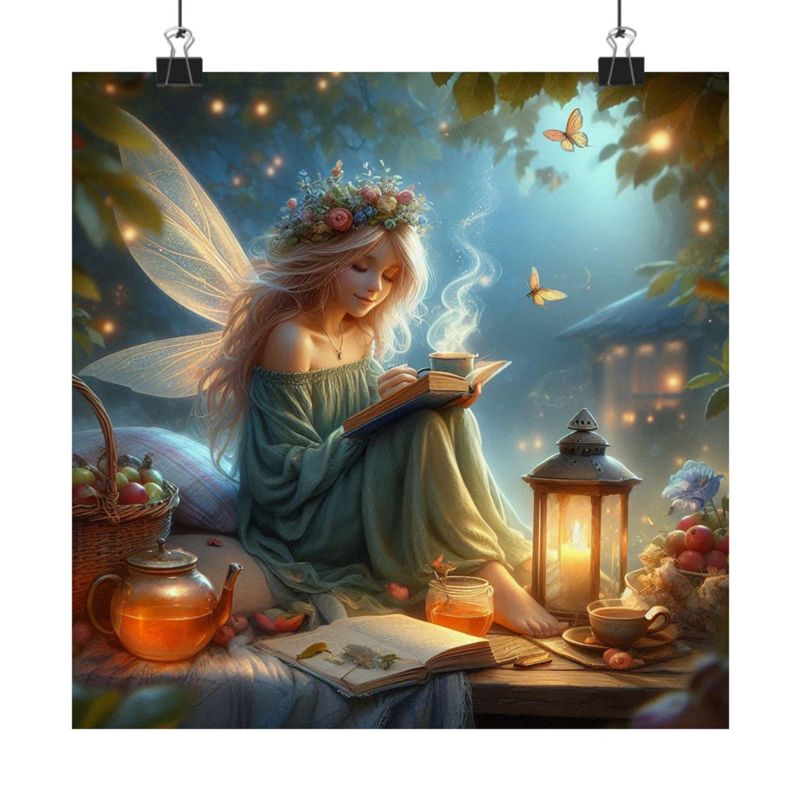 Fairy Reading with Tea by Lanternlight Cozy Night Book Lover Poster - Image 7
