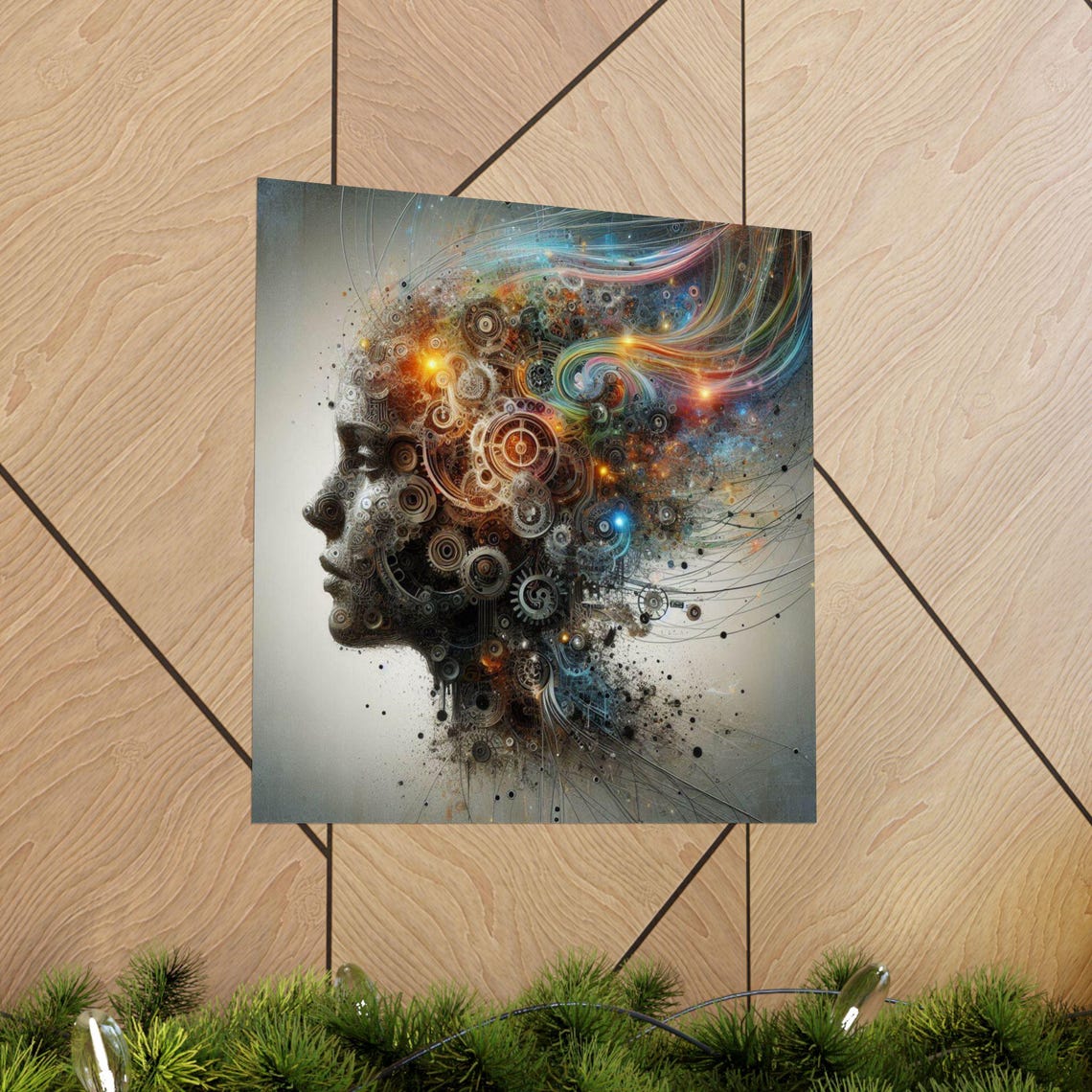 Surreal Steampunk Human Head Profile with Gears and Cogs Poster - Image 5