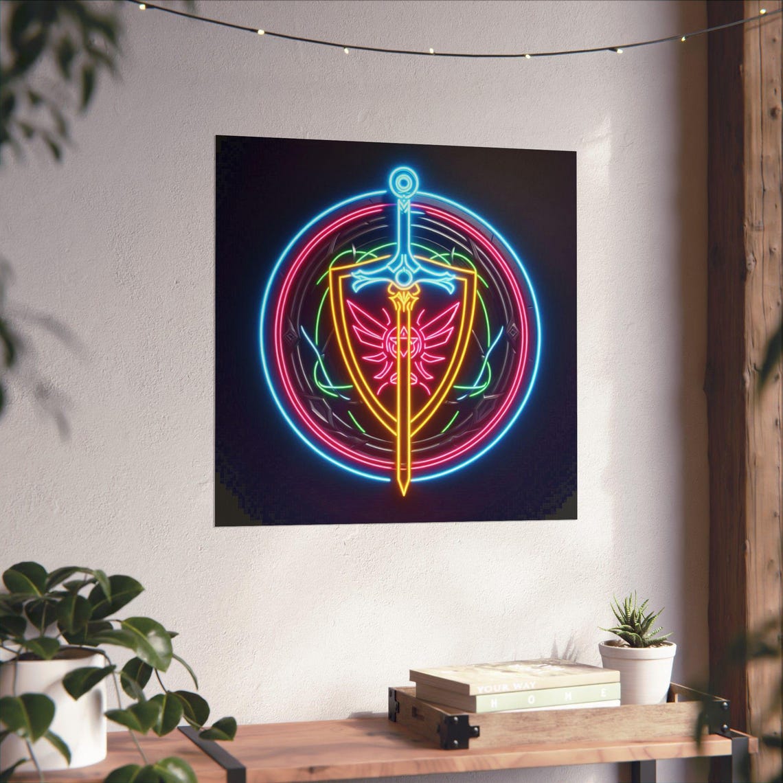 Glowing Neon Sword and Shield Fantasy Emblem on Black Poster - Image 4