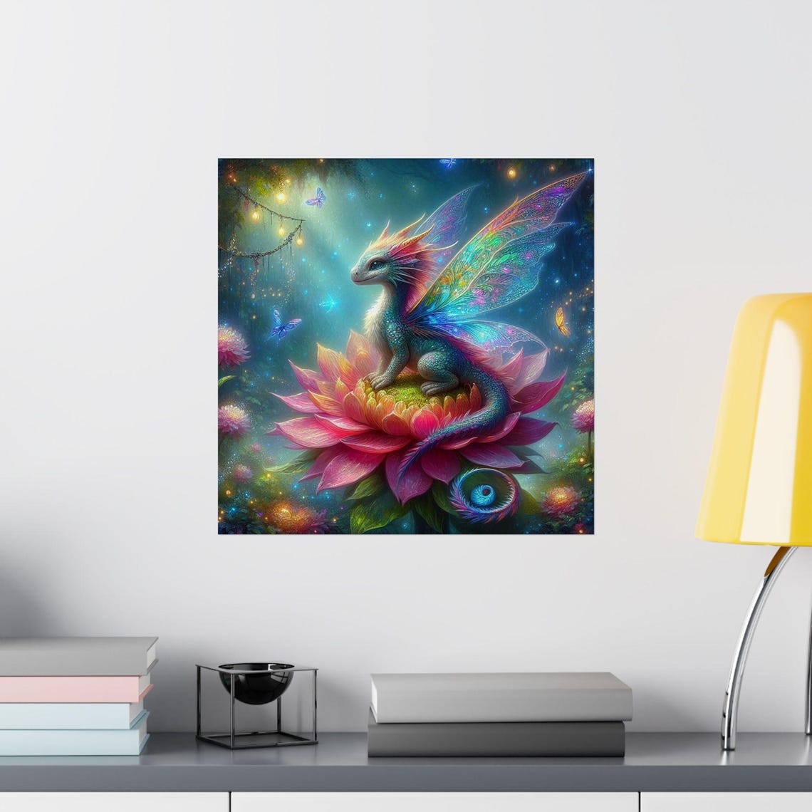 Baby Fairy Dragon Perched on a Pink Lotus Flower Bloom Poster - Image 2