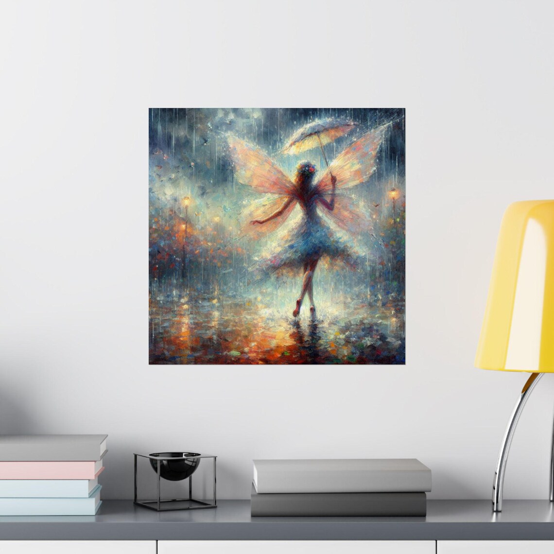 Fairy Dancing in Rain Twirling Umbrella Night Fantasy Art Poster - Image 2
