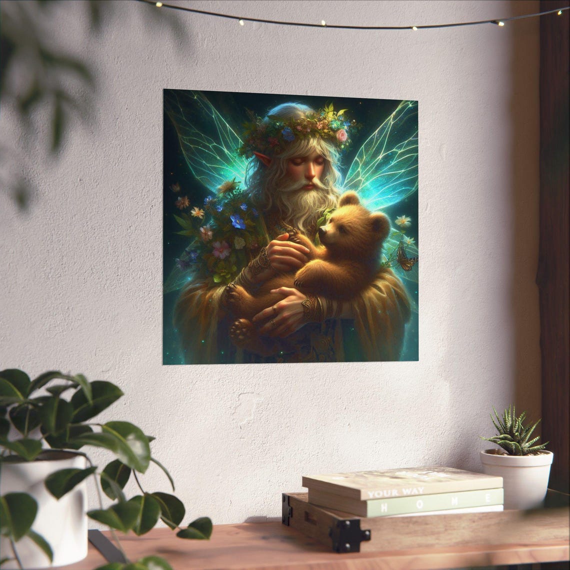 Elder Elf Fairy Guardian Holding a Bear Cub Forest Magic Poster - Image 4