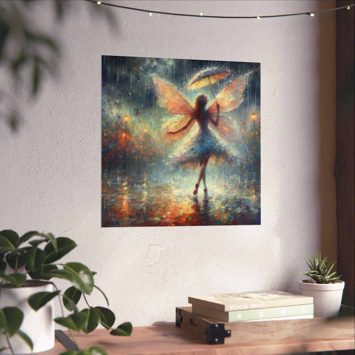 Fairy Dancing in Rain Twirling Umbrella Night Fantasy Art Poster - Image 4