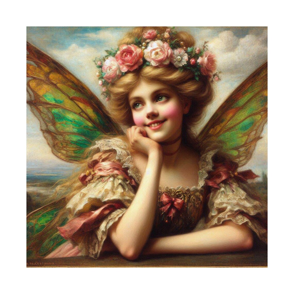 Vintage Style Fairy Portrait with Rose Crown and Butterfly Wings Poster - Image 6