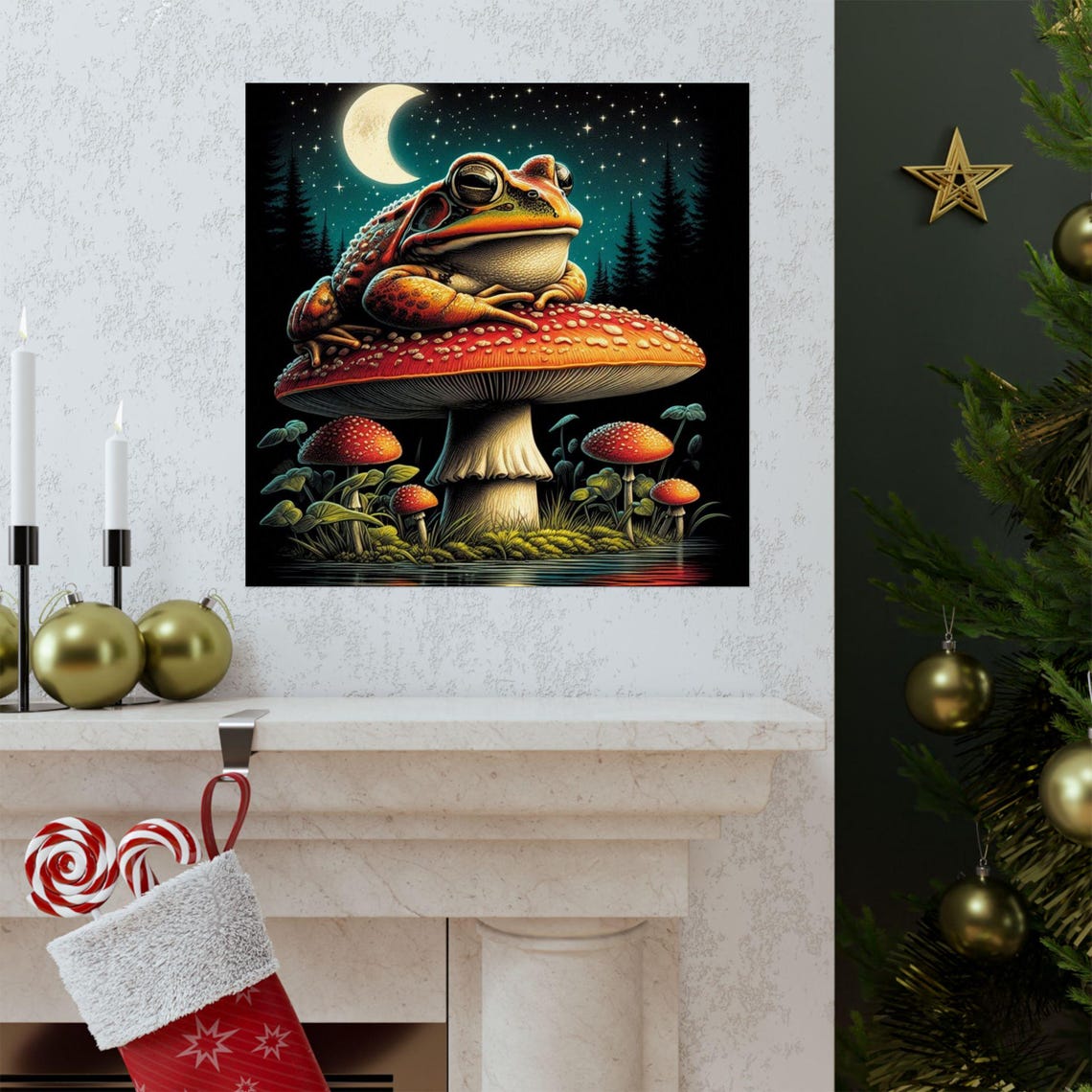 Plump Frog Lounging on a Giant Mushroom Under the Night Moon Poster - Image 3