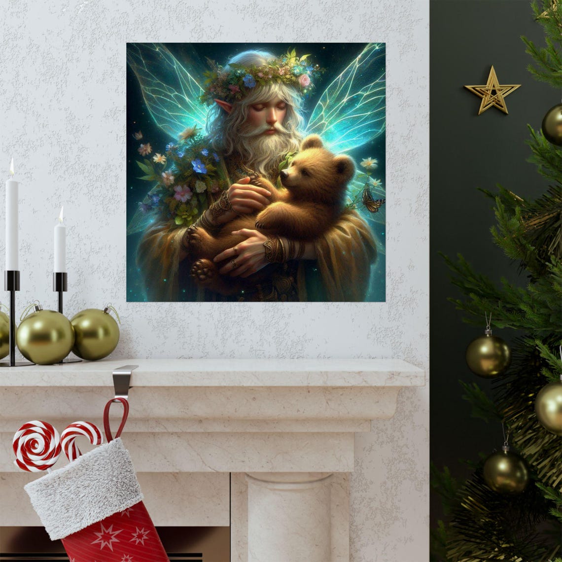 Elder Elf Fairy Guardian Holding a Bear Cub Forest Magic Poster - Image 3