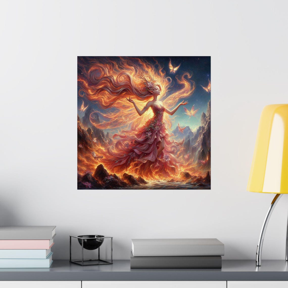 Fire Fairy Dancing amid Swirling Flames Dramatic Fantasy Art Poster - Image 2