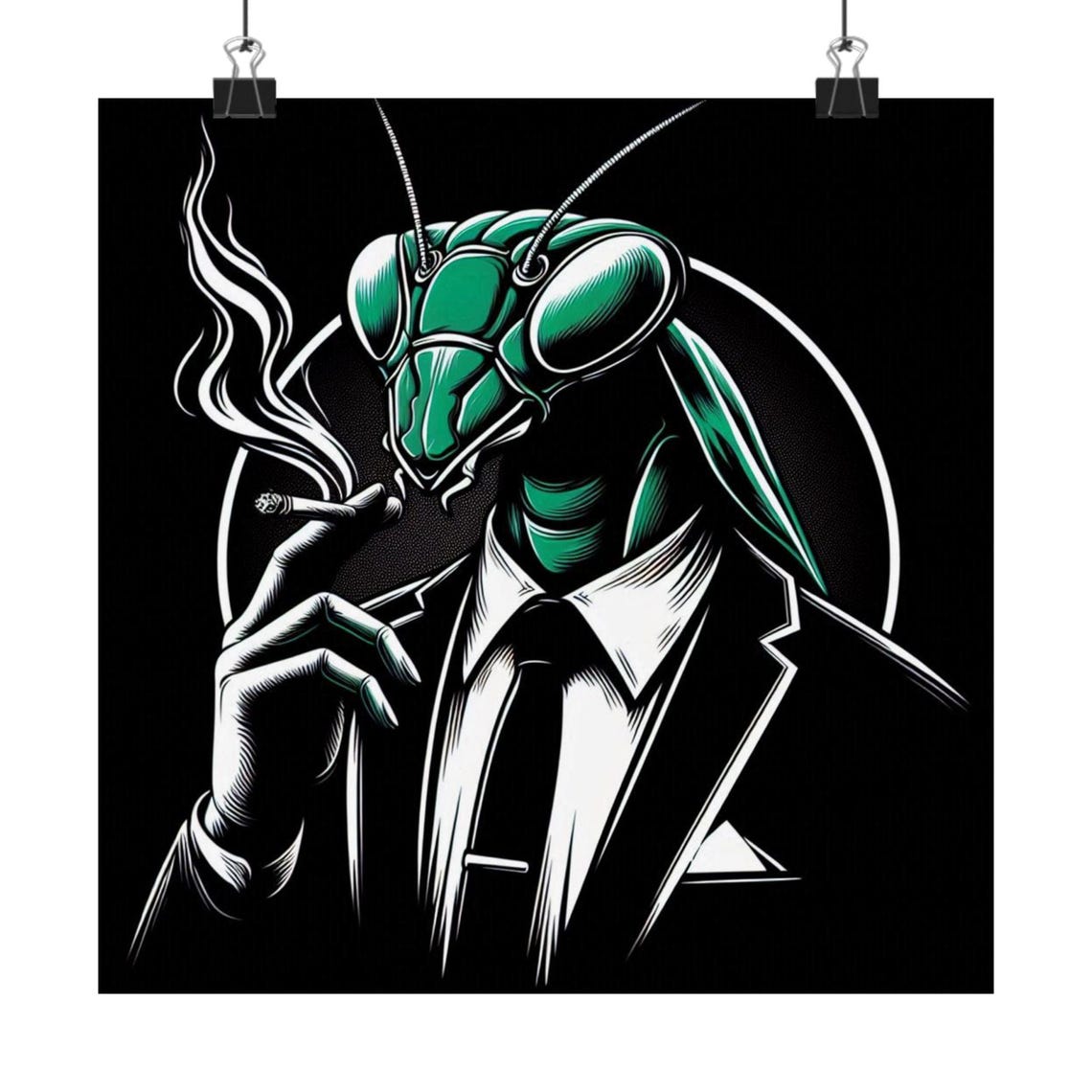 Suave Praying Mantis in a Suit Smoking Cigarette Noir Art Poster