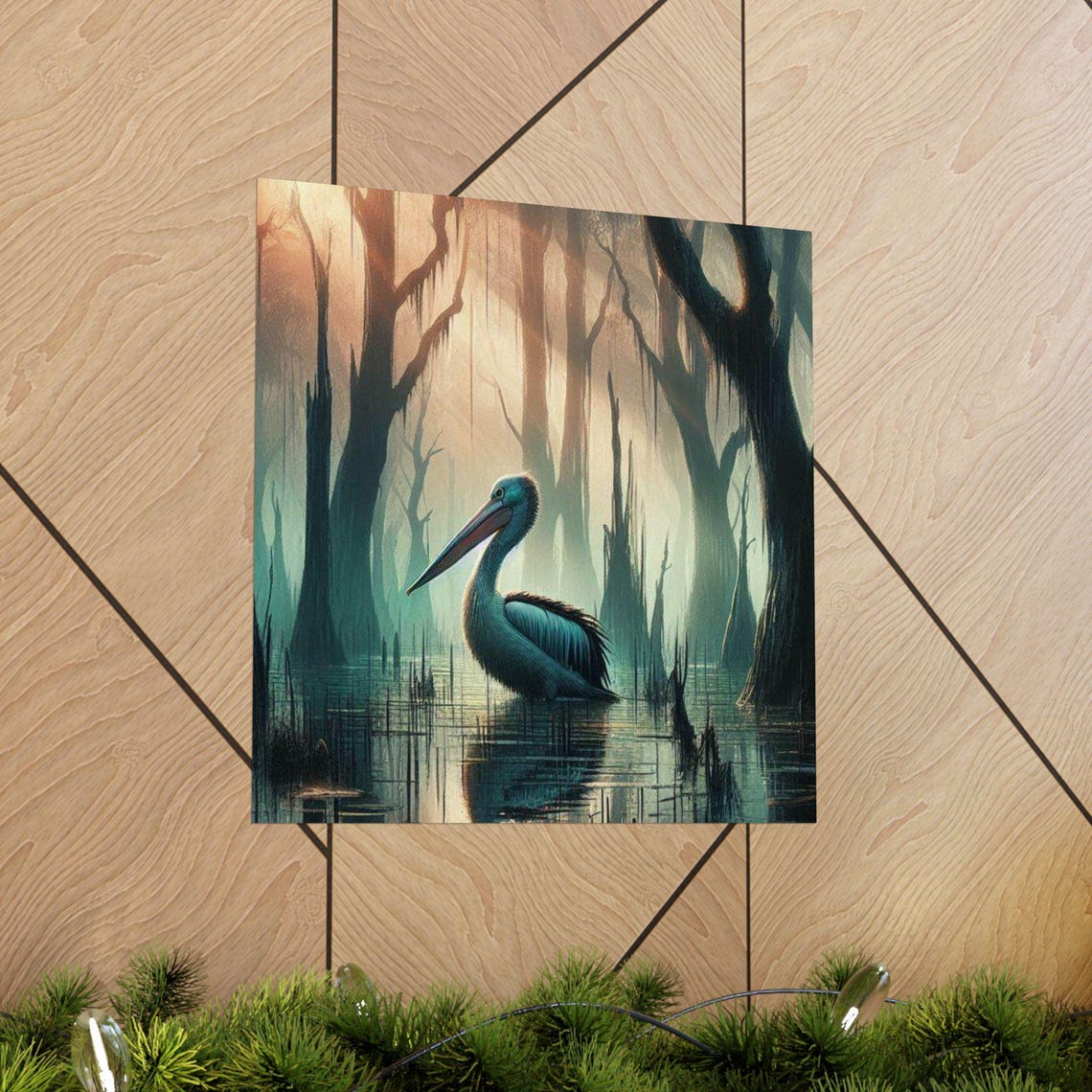 Serene Pelican Resting in a Misty Cypress Swamp at Dawn Poster - Image 3