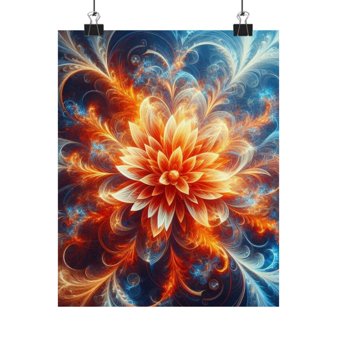 Fractal Fire Bloom Flower Abstract Poster in Orange and Blue Hues