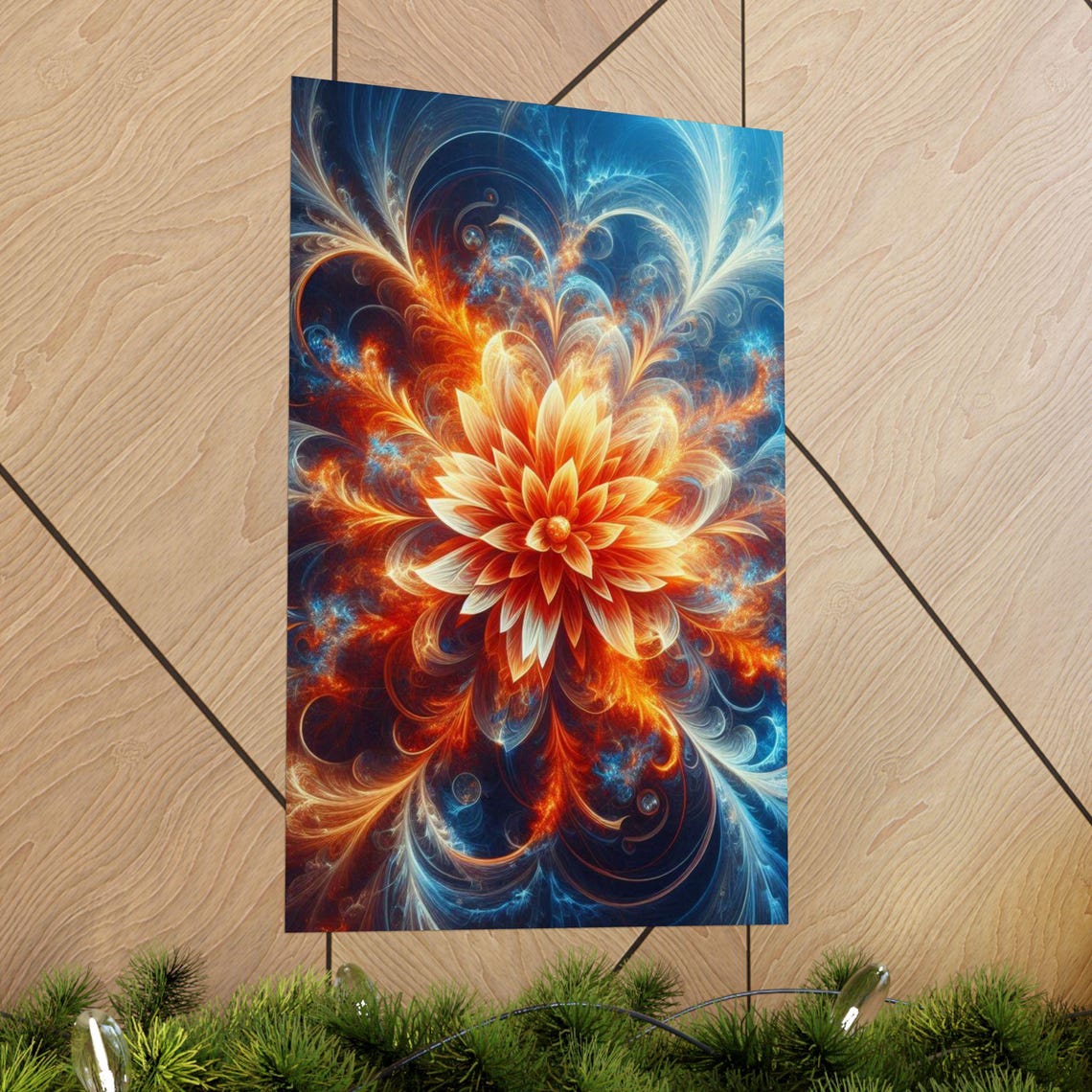 Fractal Fire Bloom Flower Abstract Poster in Orange and Blue Hues - Image 4