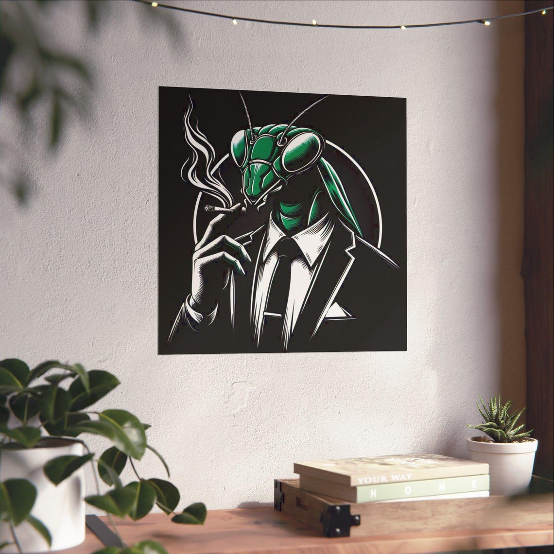 Suave Praying Mantis in a Suit Smoking Cigarette Noir Art Poster - Image 4