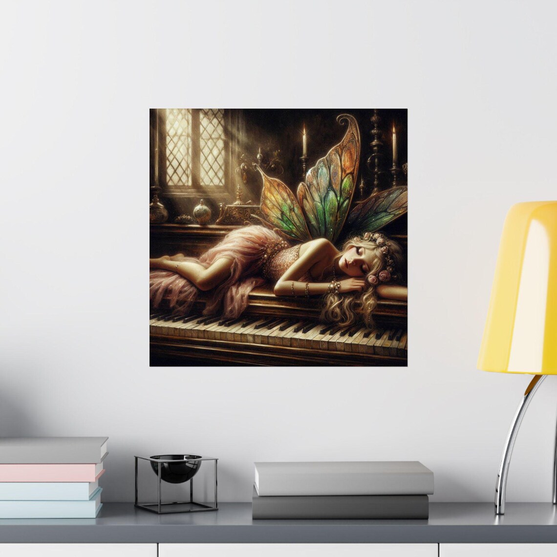 Dreamy Sleeping Fairy With Wings Resting on a Grand Piano Art Poster - Image 2