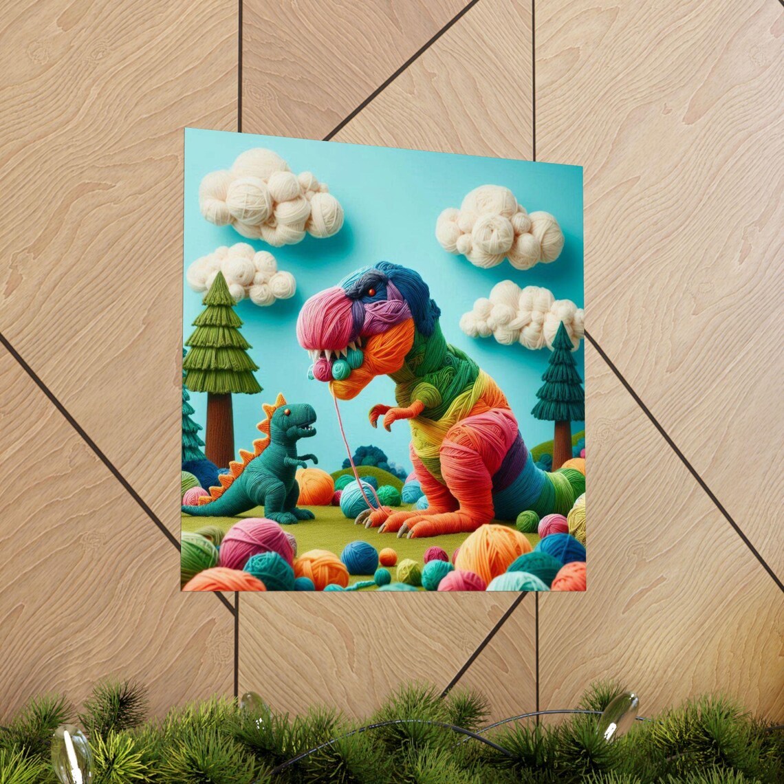 Colorful Yarn T Rex With Baby Dinosaur Fun Kids Room Art Poster - Image 5