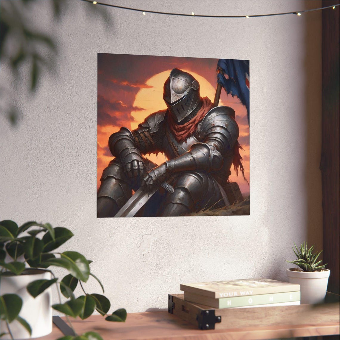 Weary Knight in Armor Kneeling at Epic Sunset Battlefield Poster - Image 4